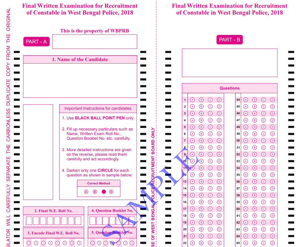 WBP Omr Sheet pdf Download 85 Questions 2024