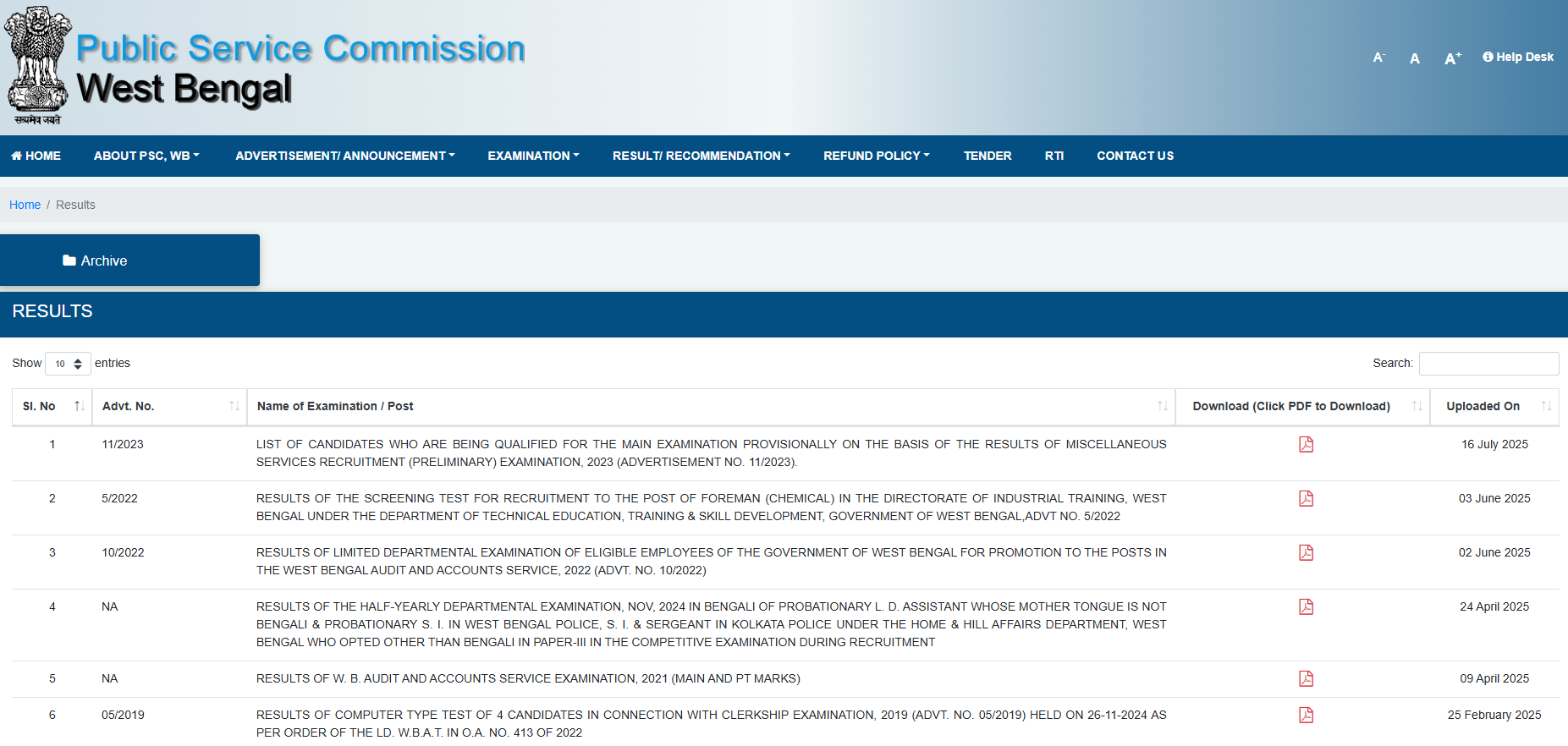 WBPSC Miscellaneous Result 2025